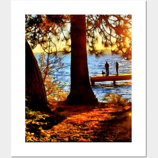 Dog and Owners Sunset Hideway on Lake Washington Dock Posters and Art